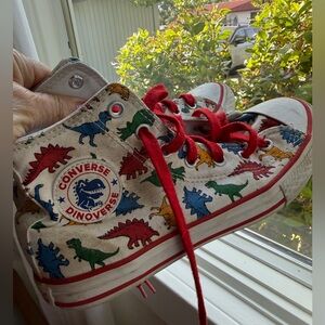 Converse Kids High-Top Sneakers with Colorful Dinosaur Print and Red Laces